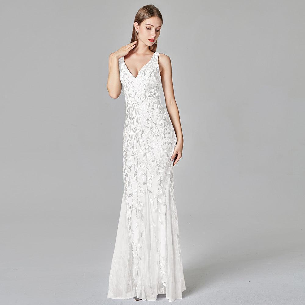 Sexy Long Dress Sleeveless V-neck Embroidered Sequin Slim Mermaid Dress - Almoni Express