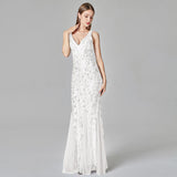 Sexy Long Dress Sleeveless V-neck Embroidered Sequin Slim Mermaid Dress - Almoni Express