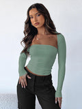 Sexy Tube Top Cinched Waist T-shirt Long Sleeve Tight Two-piece Blouse Women's Top - AL MONI EXPRESS