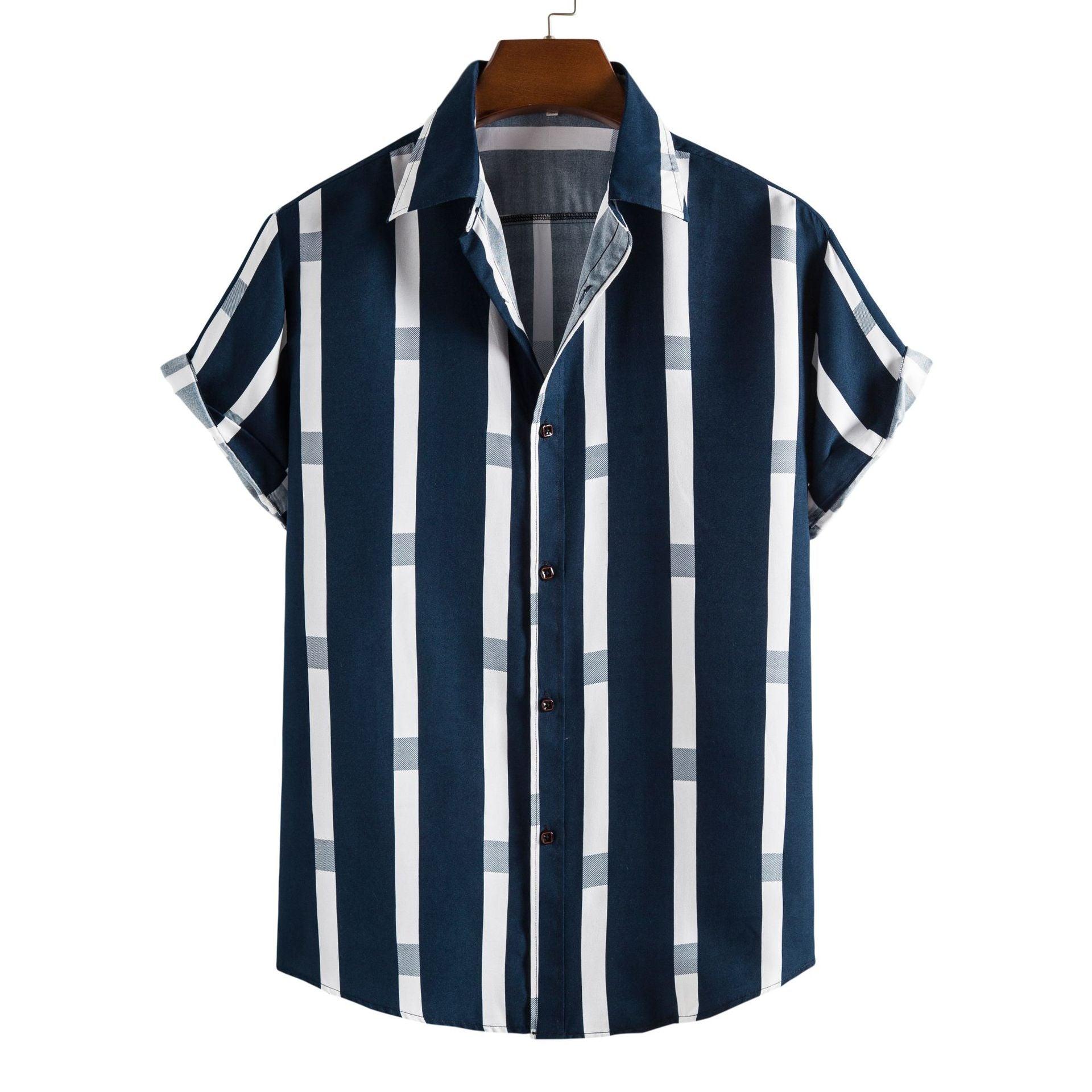 Simple Men's Short Sleeve Casual Shirt Striped Printed Shirt - AL MONI EXPRESS