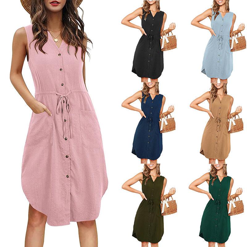 Sleeveless V-neck Buttoned Dress With Pockets Fashion Casual Waist Tie Design Summer Dress Womens Clothing - AL MONI EXPRESS