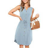 Sleeveless V-neck Buttoned Dress With Pockets Fashion Casual Waist Tie Design Summer Dress Womens Clothing - AL MONI EXPRESS