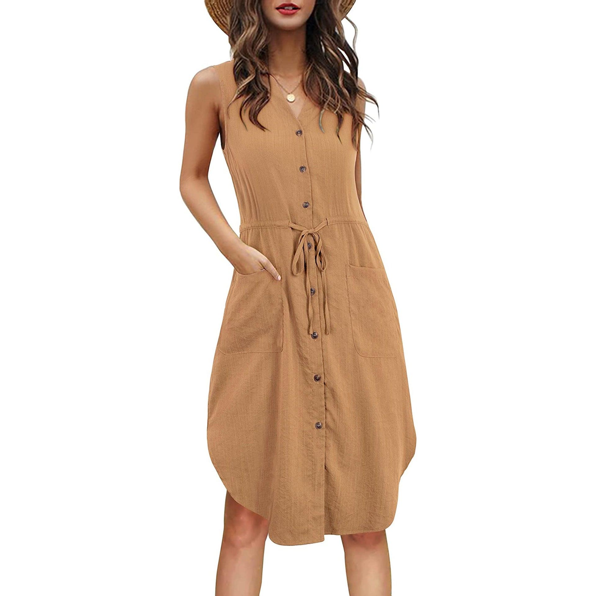 Sleeveless V-neck Buttoned Dress With Pockets Fashion Casual Waist Tie Design Summer Dress Womens Clothing - AL MONI EXPRESS