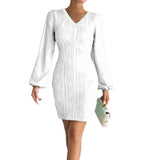 Slimming V-neck Dress Women Fashion Long Sleeve Solid Color Short Dress - AL MONI EXPRESS