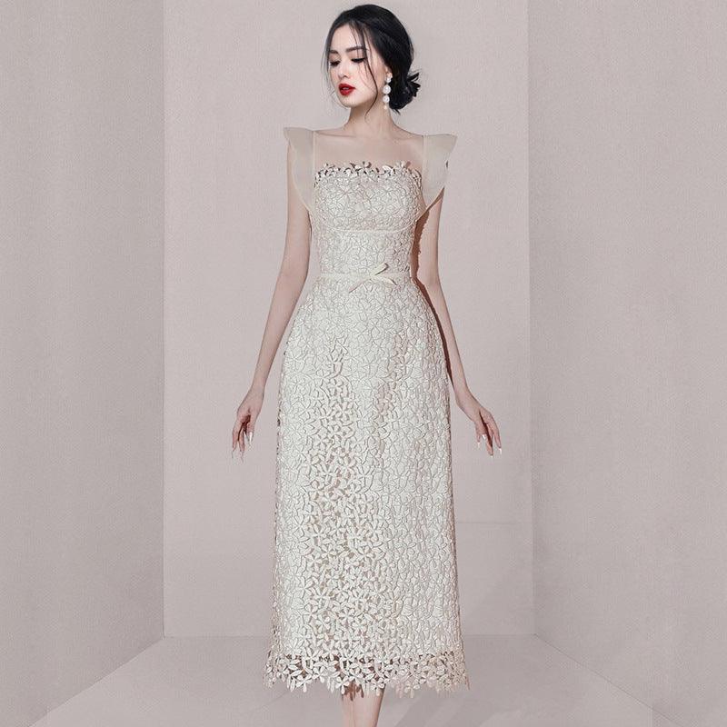 Small Group Temperament Patchwork Lace High Waisted Dress - Almoni Express