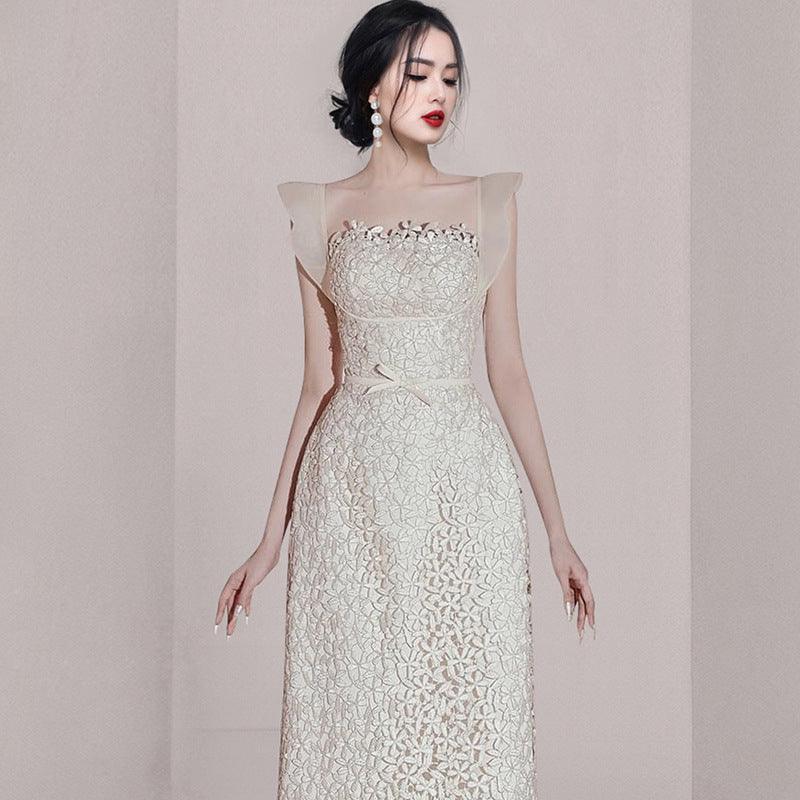 Small Group Temperament Patchwork Lace High Waisted Dress - Almoni Express