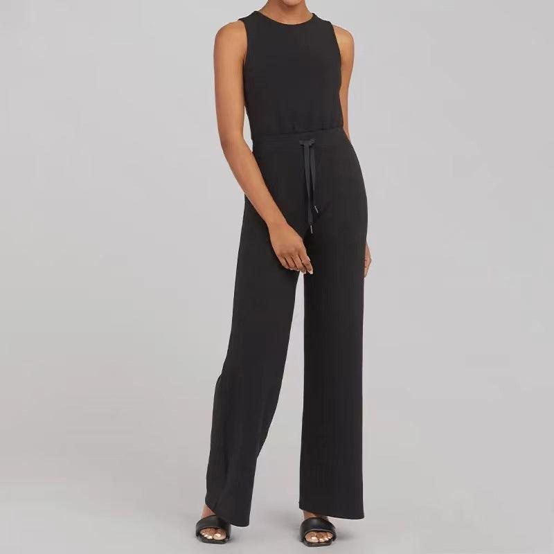 Solid Color Jumpsuit Sleeveless Tops Tie Elastic Pants Romper - AL MONI EXPRESS