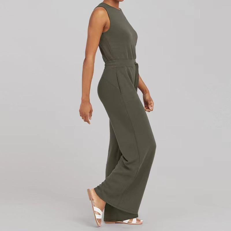 Solid Color Jumpsuit Sleeveless Tops Tie Elastic Pants Romper - AL MONI EXPRESS