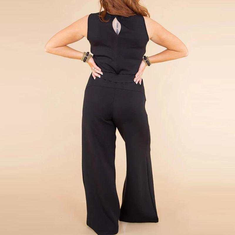 Solid Color Jumpsuit Sleeveless Tops Tie Elastic Pants Romper - AL MONI EXPRESS