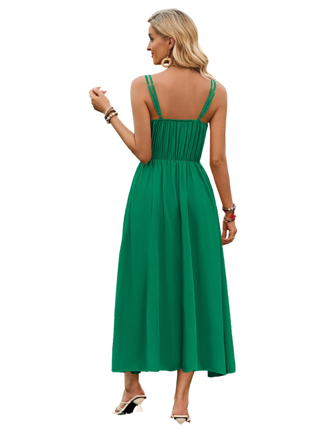 Solid Color Suspender Long Dress Spring And Summer Bow Waist Tie Design Dress Womens Clothing - AL MONI EXPRESS