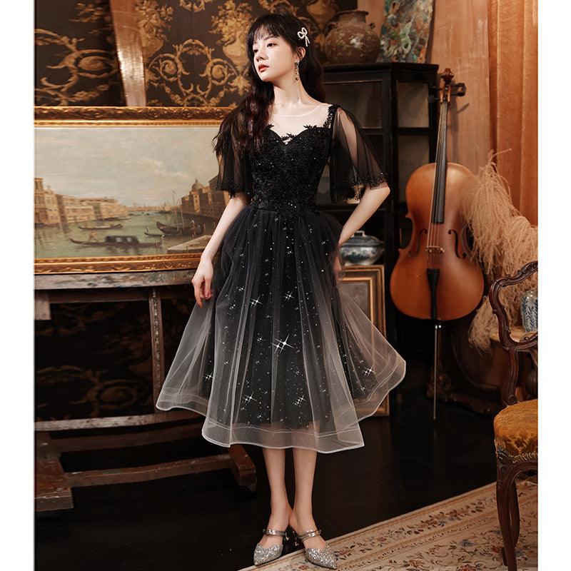 Spring Art Exam Black Xianqi Student Host Annual Party Dress - Almoni Express