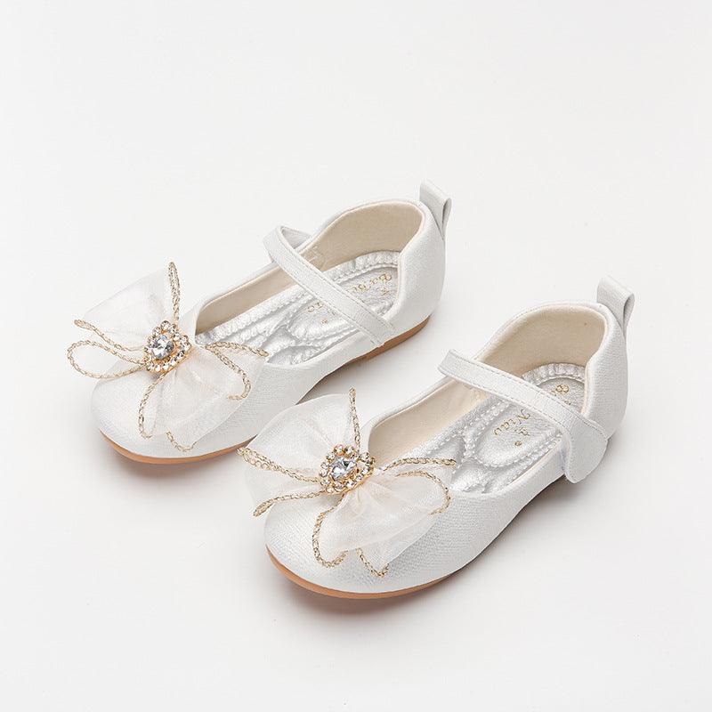 Spring New Girls' Single Shoes Cute Bow Rhinestone Soft Sole Flat Shoes - Almoni Express