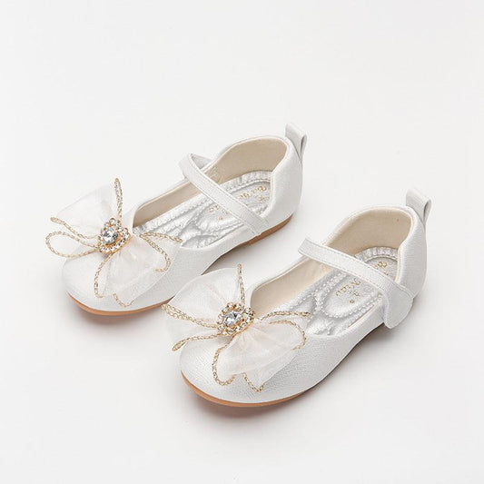 Spring New Girls' Single Shoes Cute Bow Rhinestone Soft Sole Flat Shoes - Almoni Express