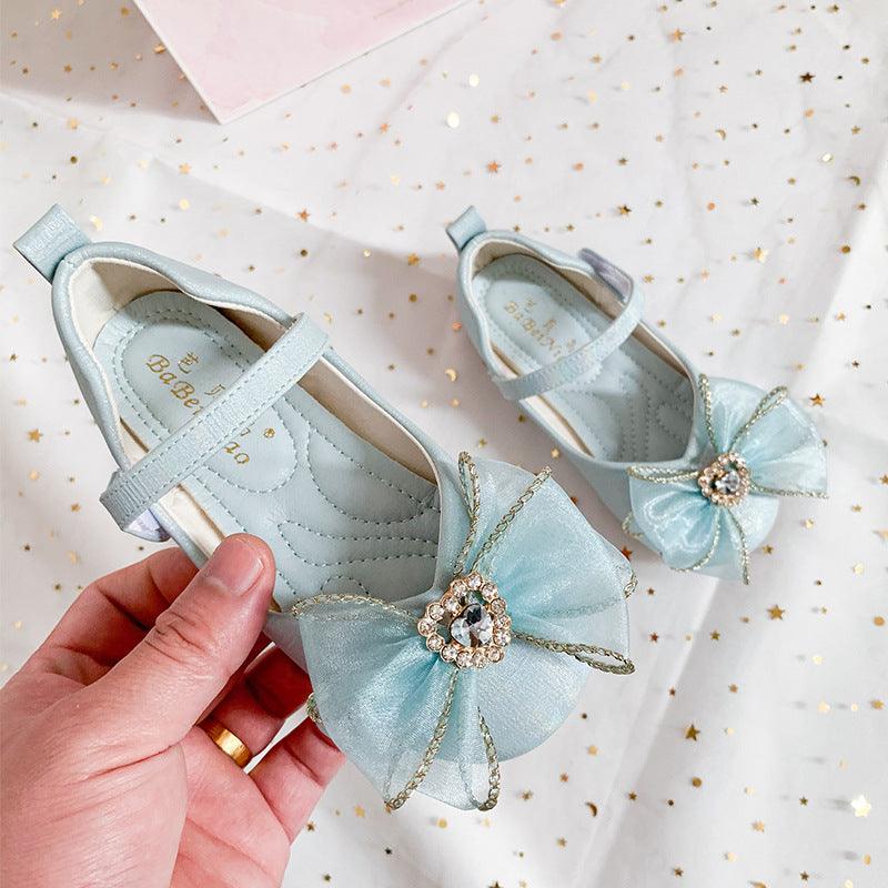 Spring New Girls' Single Shoes Cute Bow Rhinestone Soft Sole Flat Shoes - Almoni Express