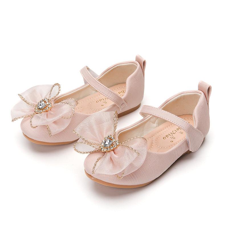 Spring New Girls' Single Shoes Cute Bow Rhinestone Soft Sole Flat Shoes - Almoni Express