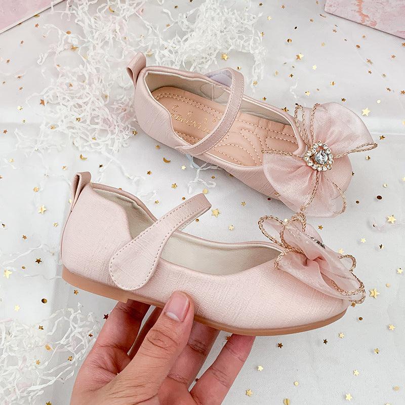 Spring New Girls' Single Shoes Cute Bow Rhinestone Soft Sole Flat Shoes - Almoni Express