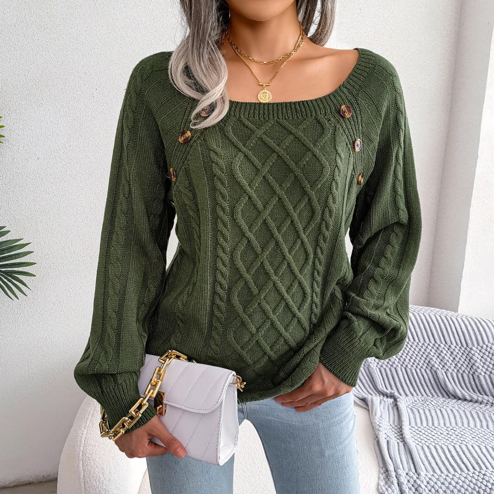 Square Neck Button Fried Dough Twist Knitting Sweater - Almoni Express