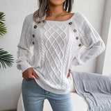 Square Neck Button Fried Dough Twist Knitting Sweater - Almoni Express