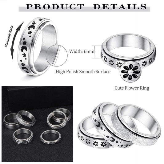 Stainless Steel Rotatable Spinner Ring Moon Stars Relieve Anxiety Rings - AL MONI EXPRESS