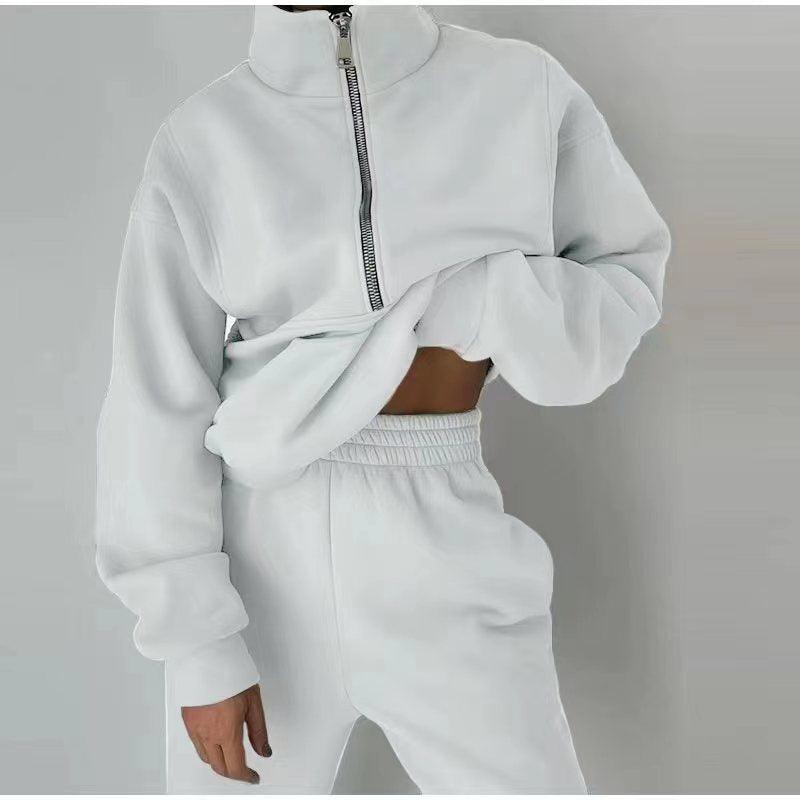 Stand Collar Suit Zip Up Crop Sportswear Long Sleeve Sweatshirt And Trousers For Spring Fall Women's Clothing - AL MONI EXPRESS