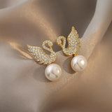 Sterling Silver Needle Korean Swan Zircon Pearl Stud Earrings - AL MONI EXPRESS