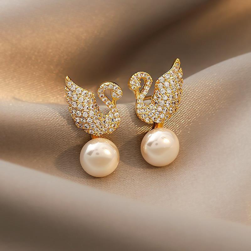 Sterling Silver Needle Korean Swan Zircon Pearl Stud Earrings - AL MONI EXPRESS