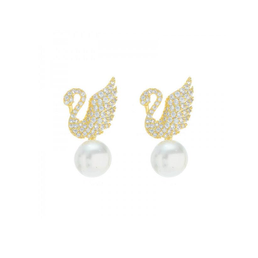 Sterling Silver Needle Korean Swan Zircon Pearl Stud Earrings - AL MONI EXPRESS