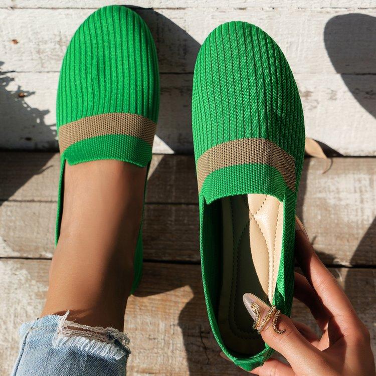 Stripe Design Mesh Flat Shoes New Fashion Casual Breathable Slip On Solid Color Round-toe Shoes For Women - AL MONI EXPRESS