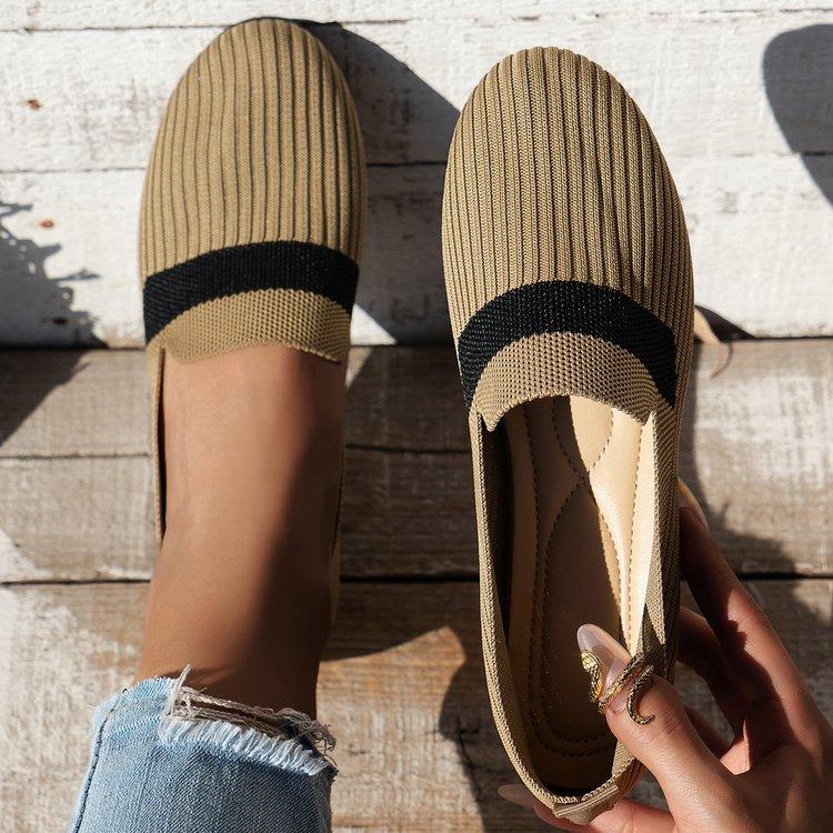 Stripe Design Mesh Flat Shoes New Fashion Casual Breathable Slip On Solid Color Round-toe Shoes For Women - AL MONI EXPRESS