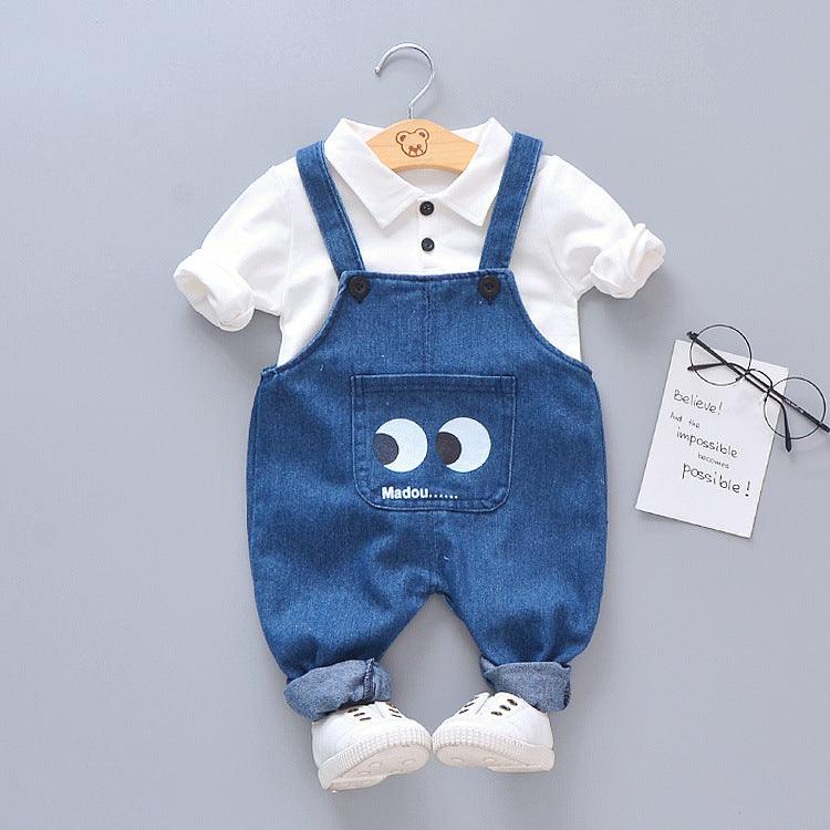 Striped Big Eyes Overalls Shirt T-shirt Kids Suit - Almoni Express