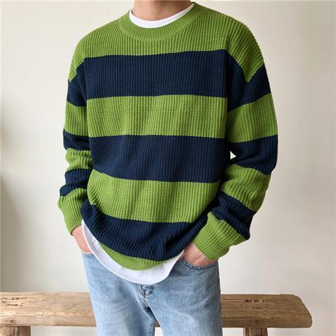 Striped Crewneck Sweater Men's Style Loose And Lazy Wind - Almoni Express