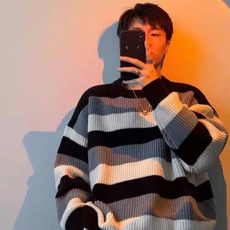 Striped Crewneck Sweater Men's Style Loose And Lazy Wind - Almoni Express