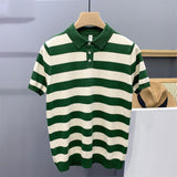 Striped Ice Silk Knitted Polo Shirt Men's Short Sleeve Thin Style Lapel T-shirt Men's Half Sleeve - AL MONI EXPRESS