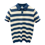 Striped Ice Silk Knitted Polo Shirt Men's Short Sleeve Thin Style Lapel T-shirt Men's Half Sleeve - AL MONI EXPRESS