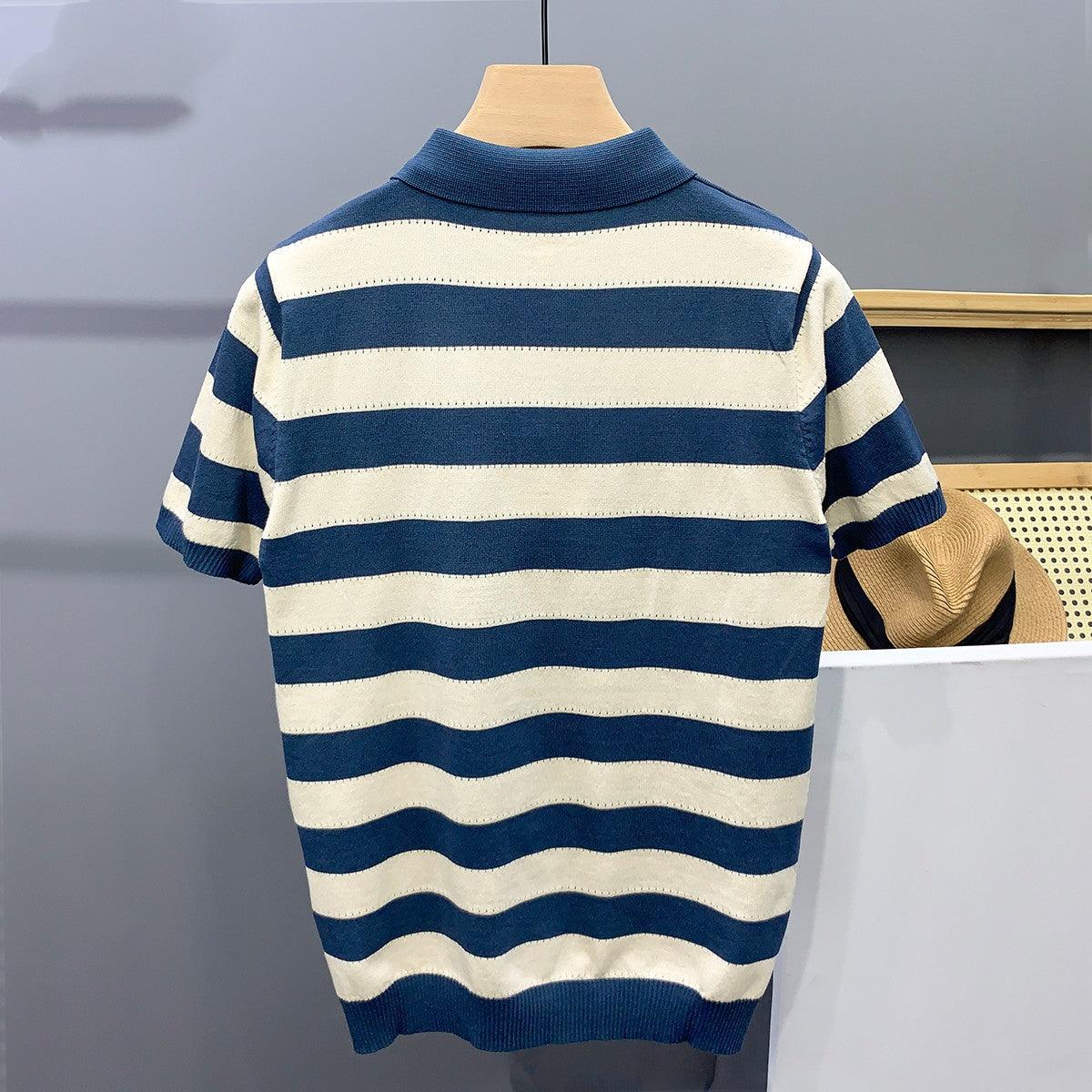 Striped Ice Silk Knitted Polo Shirt Men's Short Sleeve Thin Style Lapel T-shirt Men's Half Sleeve - AL MONI EXPRESS