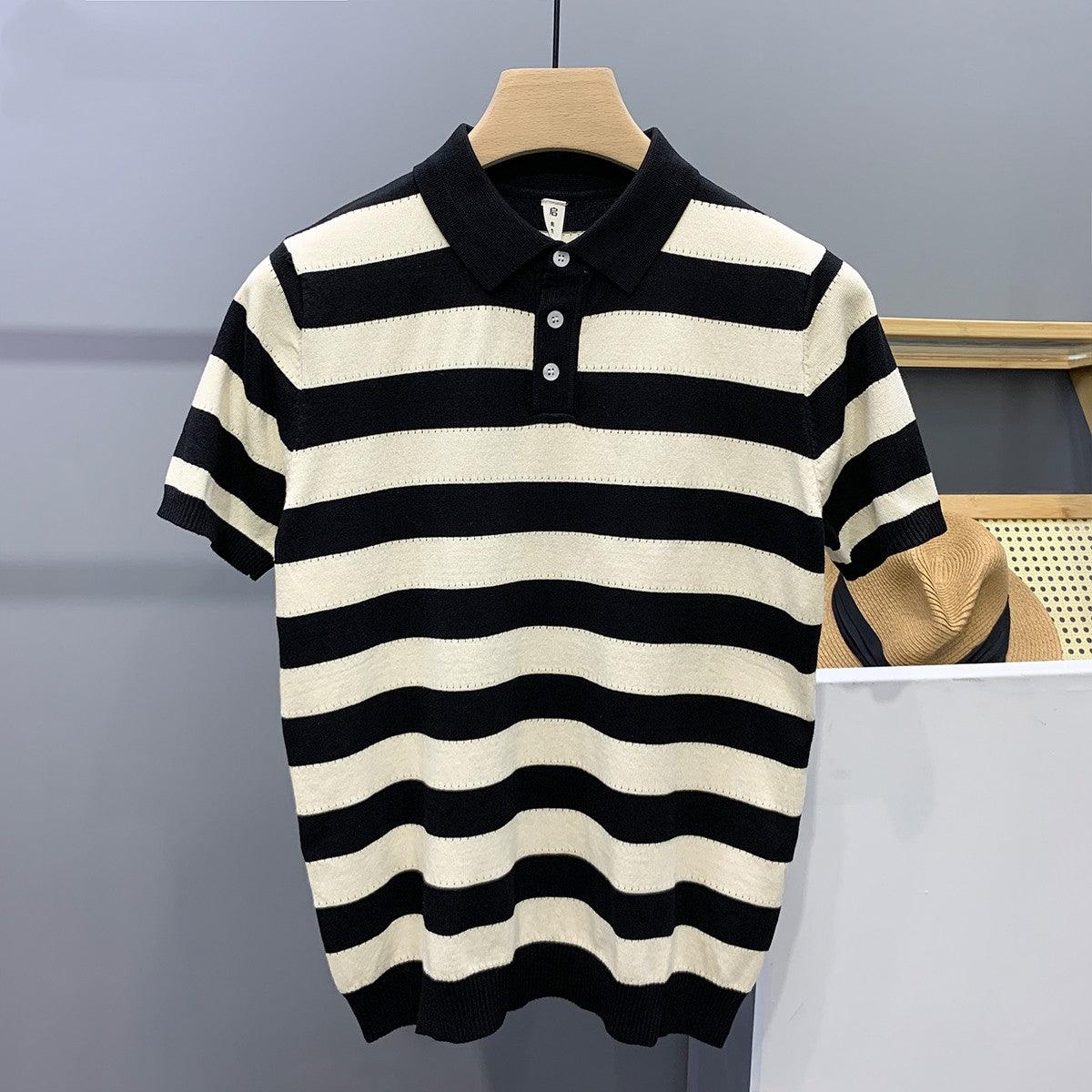 Striped Ice Silk Knitted Polo Shirt Men's Short Sleeve Thin Style Lapel T-shirt Men's Half Sleeve - AL MONI EXPRESS