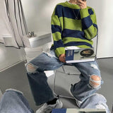 Striped Round Neck Men's Autumn And Winter Loose And Lazy Style Sweater - Almoni Express