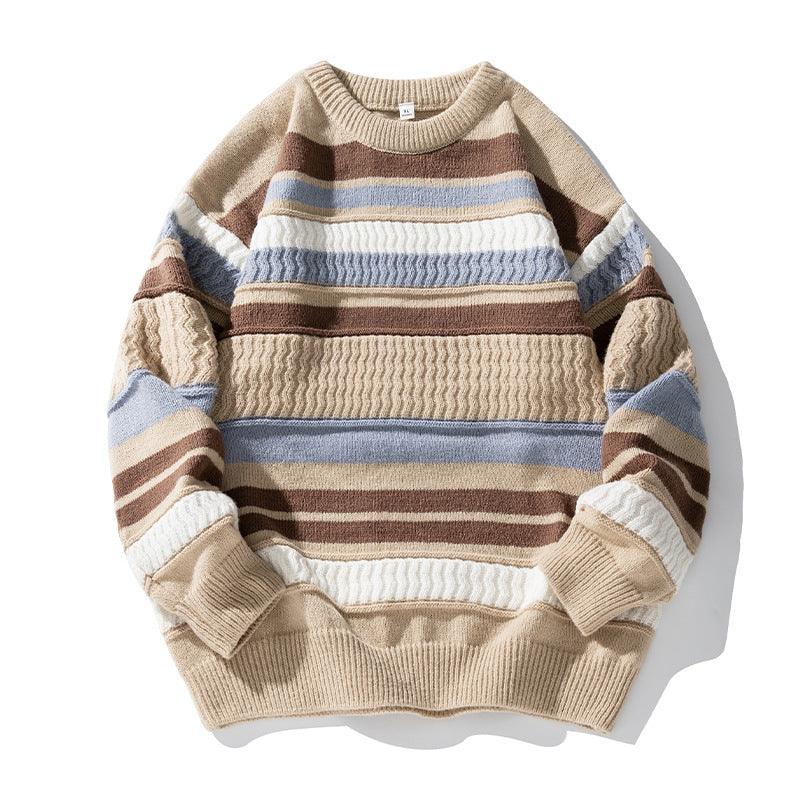 Striped Twisted Patchwork Round Neck Sweater For Men - Almoni Express