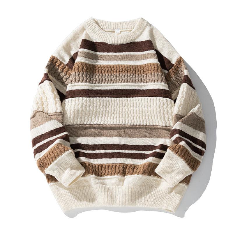 Striped Twisted Patchwork Round Neck Sweater For Men - Almoni Express