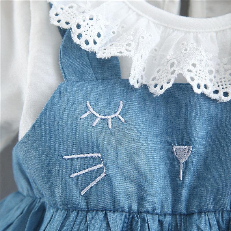 Summer Children Shirt New Solid Color Rabbit Ears Denim Fake Two-piece Skirt Female Children Children's Clothing - Almoni Express