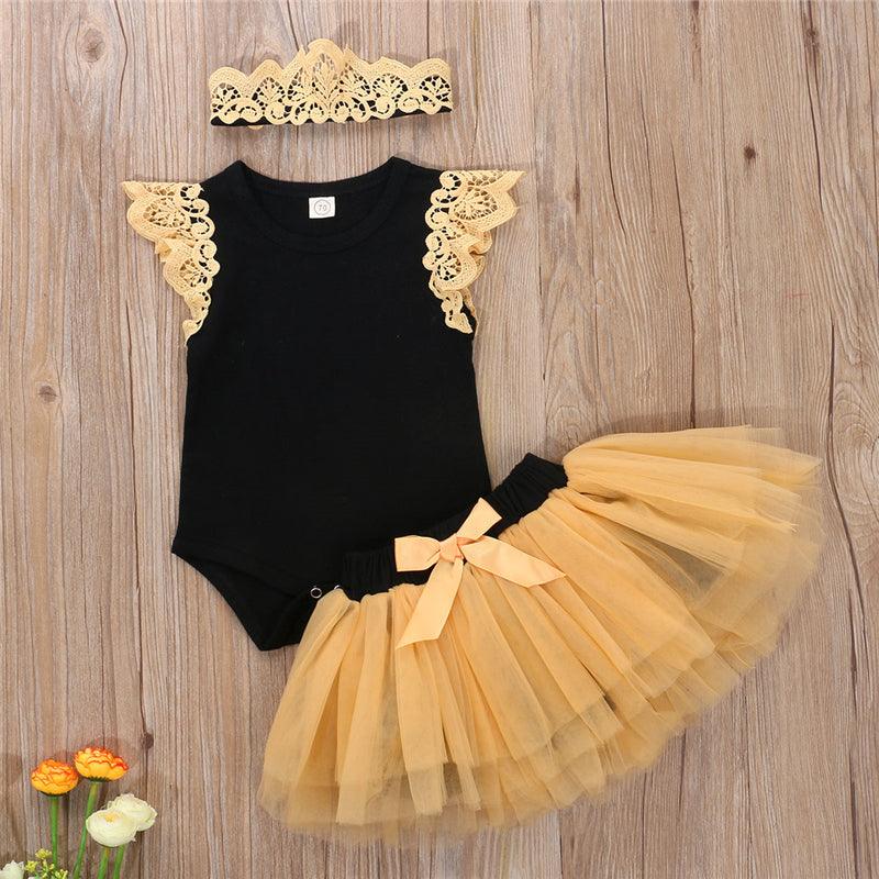 Summer Cute Baby Girl Pure Cotton Casual Clothing Suit Bow Ruffled Bodysuit Tutu Headband Baby Clothing - Almoni Express