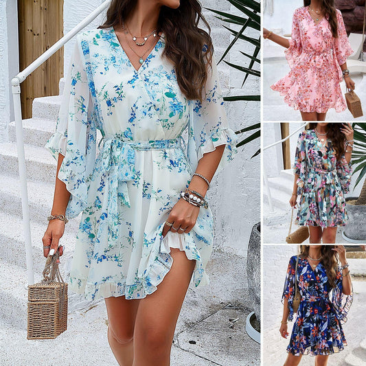 Summer Floral Print Short Sleeves Dress Lace Up Ruffles Design Fashion V-neck Short Dresses Womens Clothing - AL MONI EXPRESS