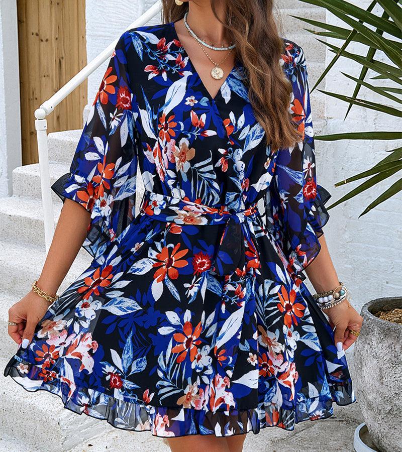 Summer Floral Print Short Sleeves Dress Lace Up Ruffles Design Fashion V-neck Short Dresses Womens Clothing - AL MONI EXPRESS