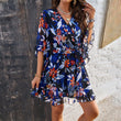 Summer Floral Print Short Sleeves Dress Lace Up Ruffles Design Fashion V-neck Short Dresses Womens Clothing - AL MONI EXPRESS