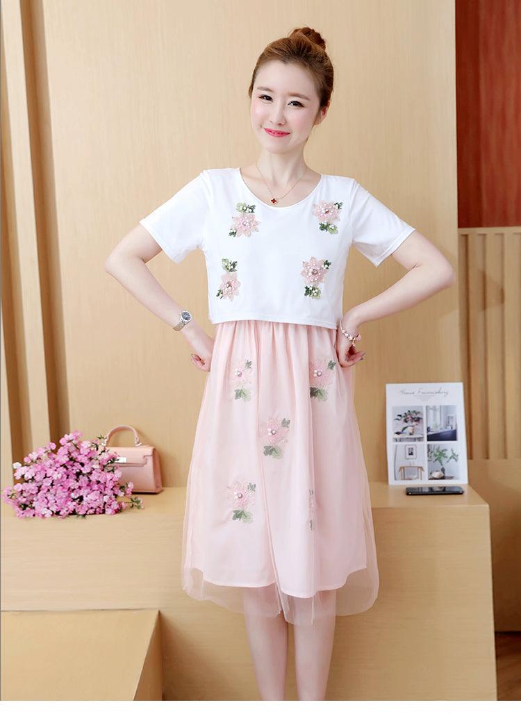 Summer Korean Fashion Mid-Length Short-Sleeved Fake Two-Piece Breastfeeding Plus Size Dress - Almoni Express