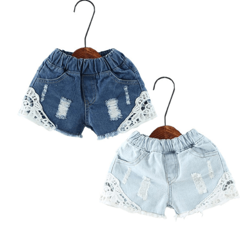 Summer new children's pants Korean personality old wind children's denim shorts Girls lace shorts - Almoni Express