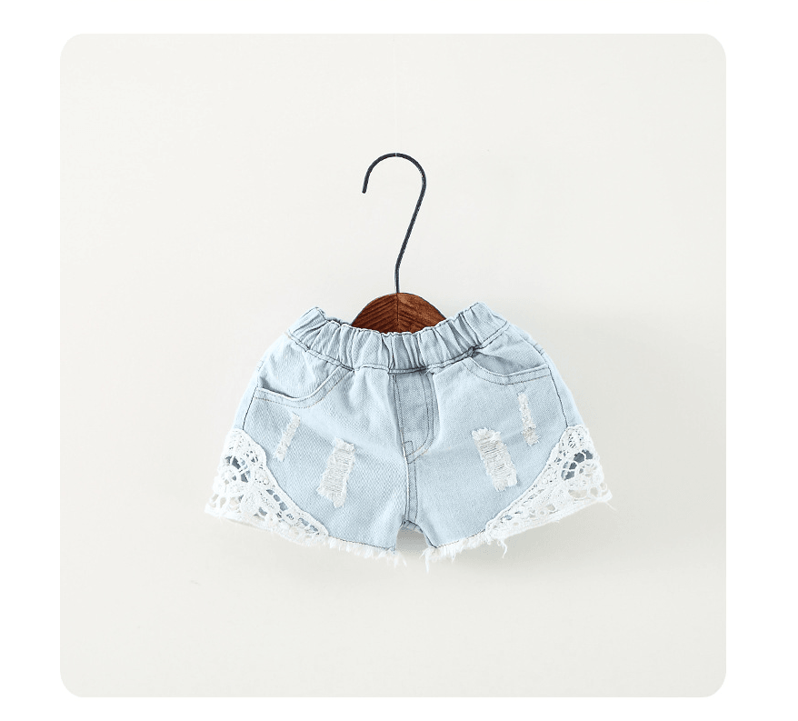 Summer new children's pants Korean personality old wind children's denim shorts Girls lace shorts - Almoni Express