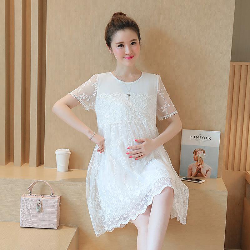 Summer new maternity dress Korean shirt lace crochet flower maternity dress long pregnant women dress - Almoni Express