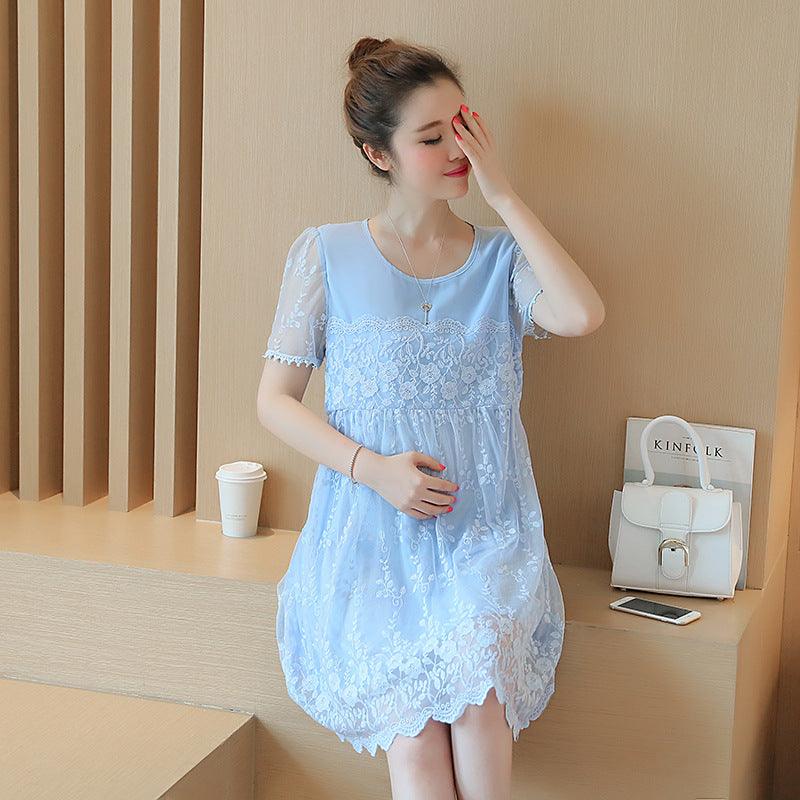 Summer new maternity dress Korean shirt lace crochet flower maternity dress long pregnant women dress - Almoni Express