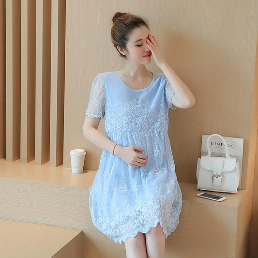 Summer new maternity dress Korean shirt lace crochet flower maternity dress long pregnant women dress - Almoni Express